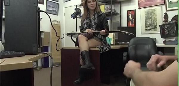  Sexy brunette Rockstar gets banged in the pawnshop for cash